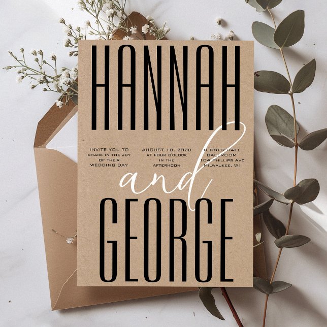 Invitación Modern Rustic Kraft Black & White QR Code Wedding (Modern rustic kraft unique simple minimalist typography classic black and white wedding invitation)