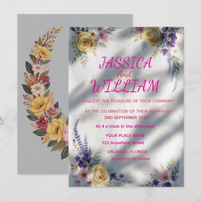 Invitación Modern Rustic Watercolor Yellow Rose & Lavender We (Anverso / Reverso)