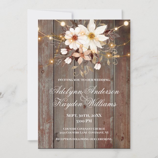 Invitación Modern Rustic Wood Floral Lights Wedding  (Anverso)