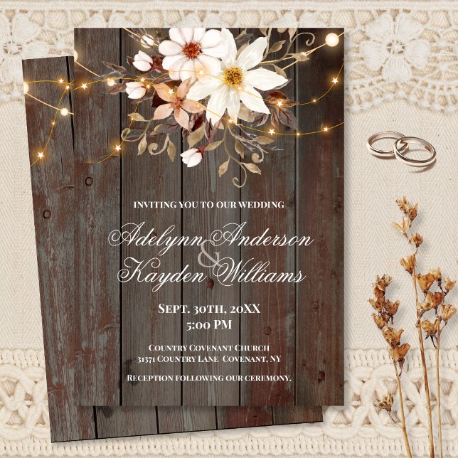 Invitación Modern Rustic Wood Floral Lights Wedding  (Subido por el creador)