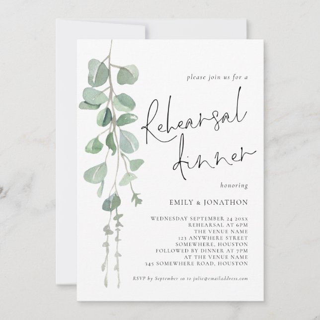 Invitación Modern Sage Eucalyptus Script Rehearsal Dinner (Anverso)