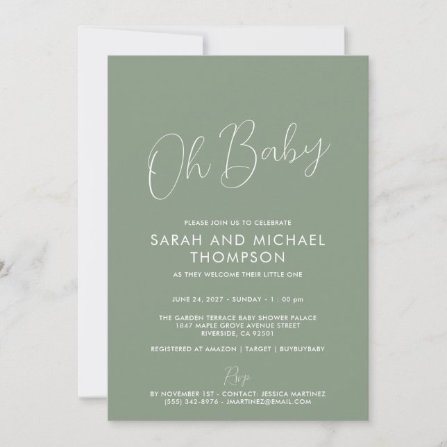 Invitación Modern Sage Green Baby Shower Elegant Script (Anverso)