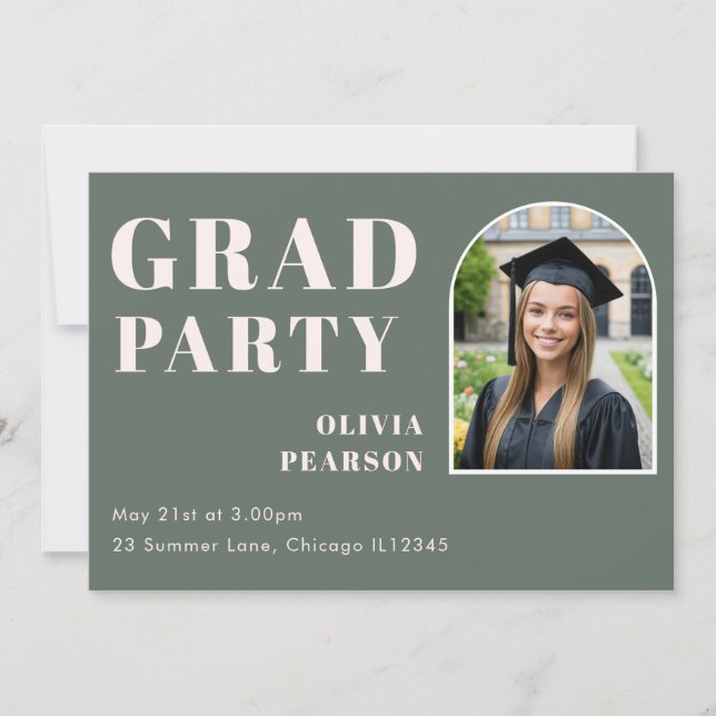 Invitación Modern Sage Green Blush Pink Arch Photo Grad Party (Anverso)