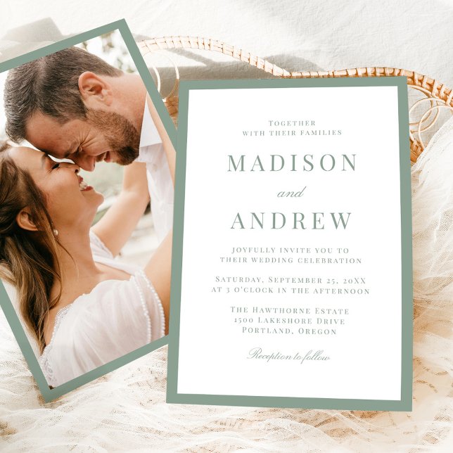 Invitación Modern Sage Green Border Photo Wedding (Subido por el creador)
