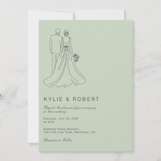 Invitación Modern Sage Green Bride & Groom Sketch Wedding