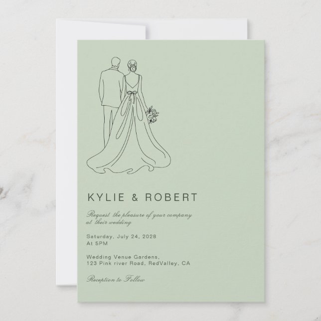 Invitación Modern Sage Green Bride & Groom Sketch Wedding (Anverso)