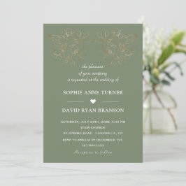 Invitación Modern Sage Green Gold Line Art Flowers Wedding