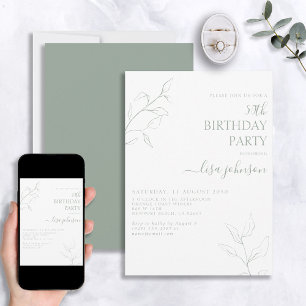 Invitación Modern Sage Green Script Botánico 50 cumpleaños