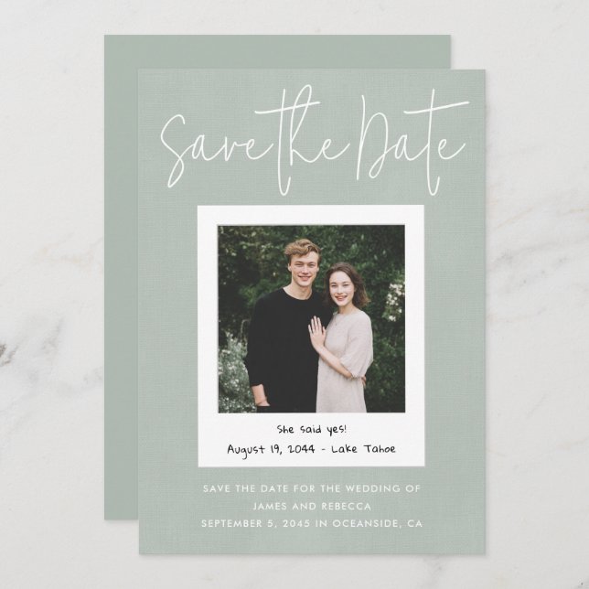 Invitación Modern Sage Green Snapshot Photo Save the Date (Anverso / Reverso)
