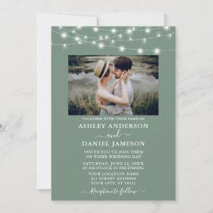 Invitación Modern Sage Green String Lights Photo Boda