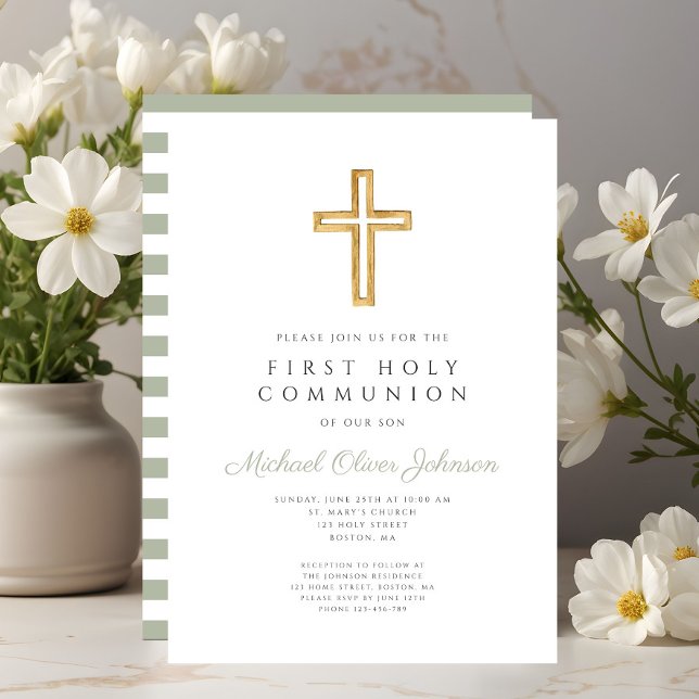 Invitación Modern Sage Green Stripes Cruza Primera Comunión (Modern Sage Green Stripes Cross First Communion Invitation)