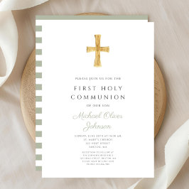 Invitación Modern Sage Green Stripes Cruza Primera Comunión