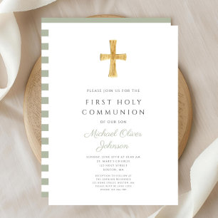 Invitación Modern Sage Green Stripes Cruza Primera Comunión