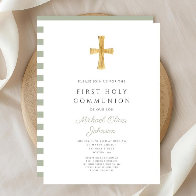 Invitación Modern Sage Green Stripes Cruza Primera Comunión (Modern Sage Green Stripes Cross First Communion Invitation)