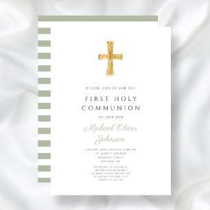 Invitación Modern Sage Green Stripes Cruza Primera Comunión