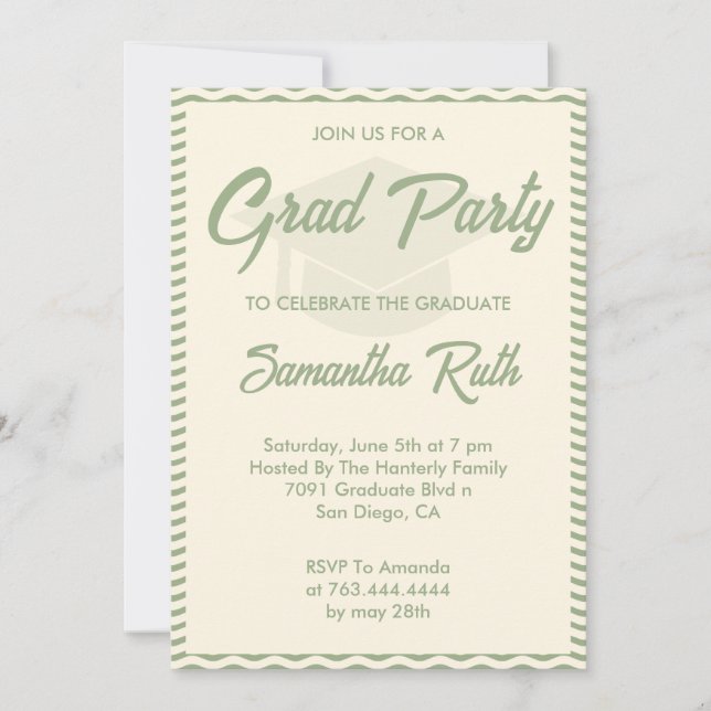 Invitación Modern Sage Green Wavy Stripe Photo Graduation (Anverso)