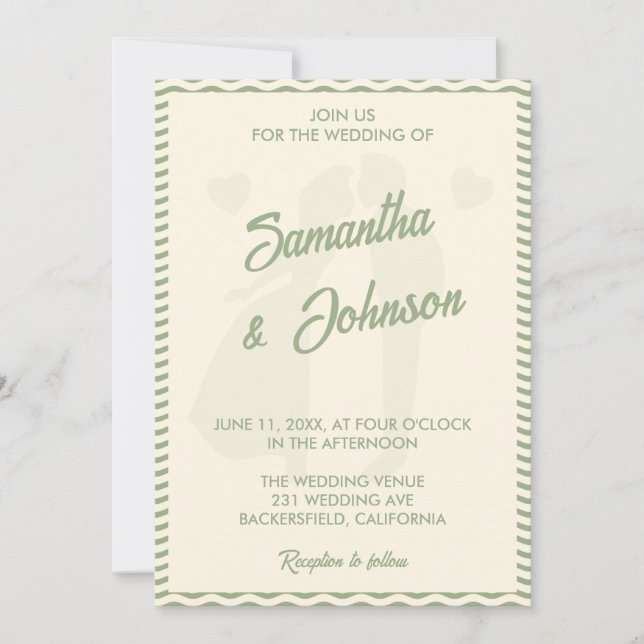 Invitación Modern Sage Green Wavy Stripe QR Code Wedding (Anverso)