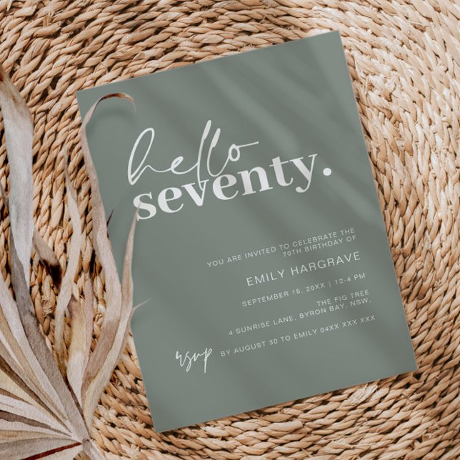 Invitación Modern Sage Hello 70th Birthday Party (Subido por el creador)