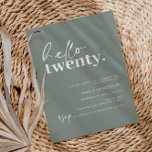 Invitación Modern Sage Hello Twenty 20th Birthday Party<br><div class="desc">Esta minimalista tipografía de la invitación a la fiesta de cumpleaños número 20 es perfecta para una fiesta de cumpleaños moderna. El diseño sencillo incluye texto de guión de saludo contemporáneo en color blanco sobre fondo de salvia. Personalizable en cualquier color. Mantenga el diseño minimalista y elegante, tal como está,...</div>