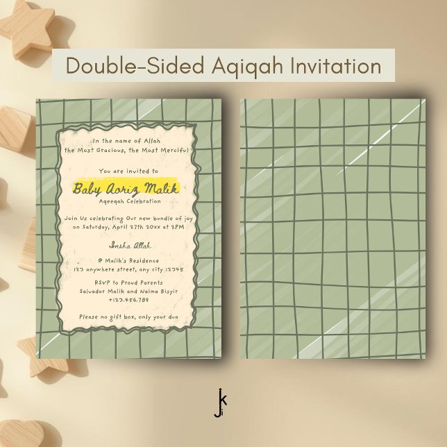 Invitación Modern Sage Plaid Aqiqah New Born Baby Celebration (Subido por el creador)