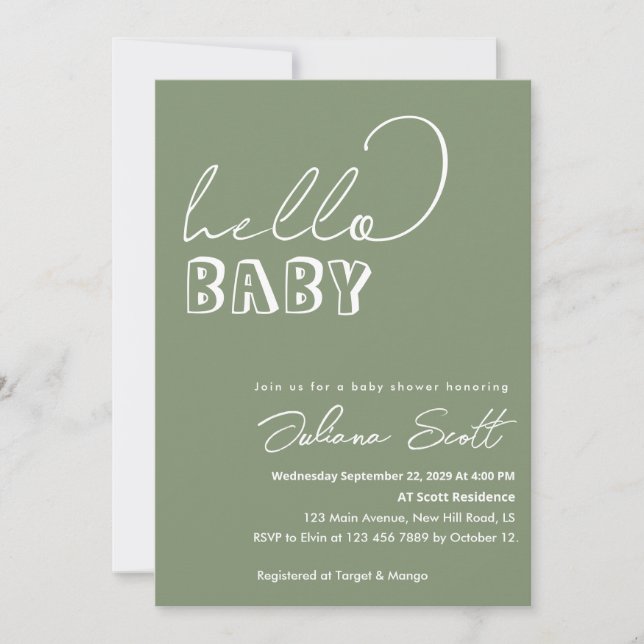 Invitación Modern Saludo Verde Sage Bebé Cumpleaños (Anverso)