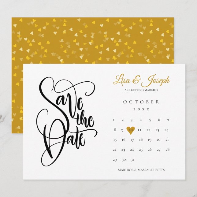 Invitación Modern Save the Date Calendar Gold Love Heart (Anverso / Reverso)