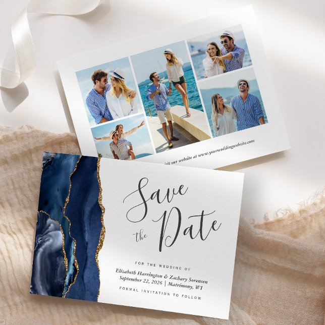 Invitación Modern Save the Date de Navy Azul Dorado con Agata (Subido por el creador)