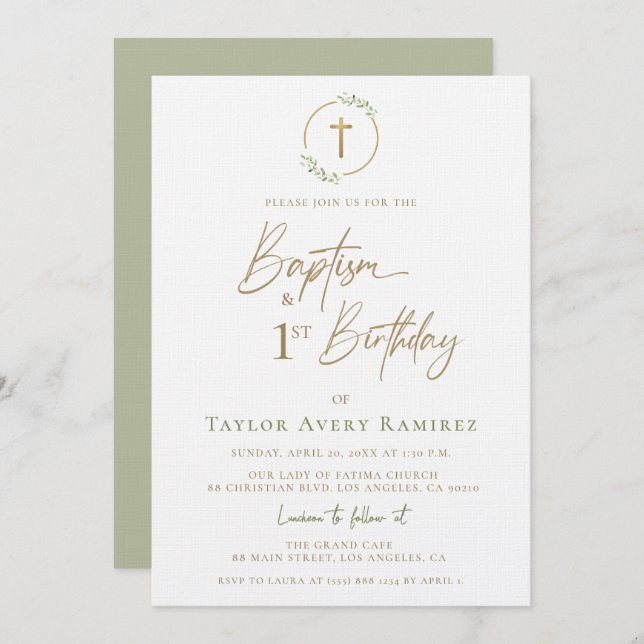 Invitación Modern Script Baptism and 1st Birthday Green Gold  (Anverso / Reverso)