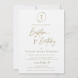 Invitación Modern Script Baptism and 1st Birthday Green Gold 