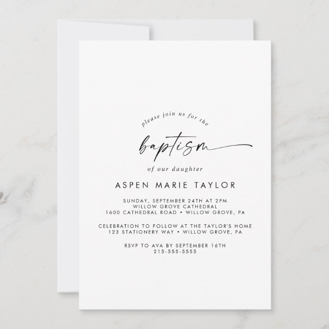 Invitación Modern Script Baptism Invitation (Anverso)