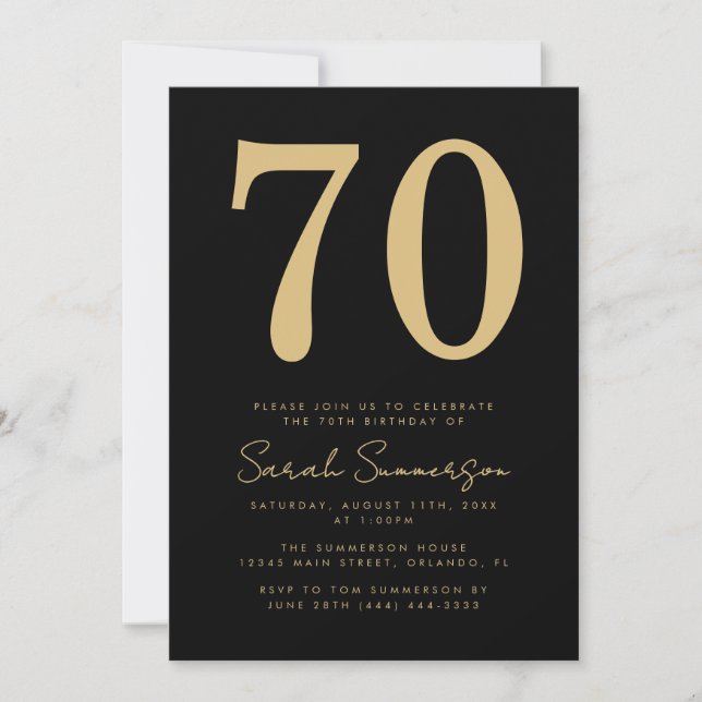 Invitación Modern Script Black Gold Seventy 70th Birthday (Anverso)