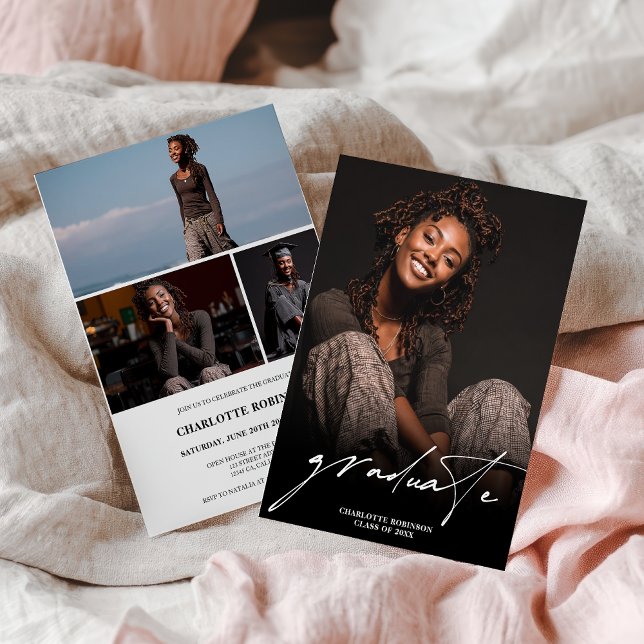 Invitación Modern Script Black White 4 Photo Graduation (Modern Script Black White 4 Photo Graduation Invitation)