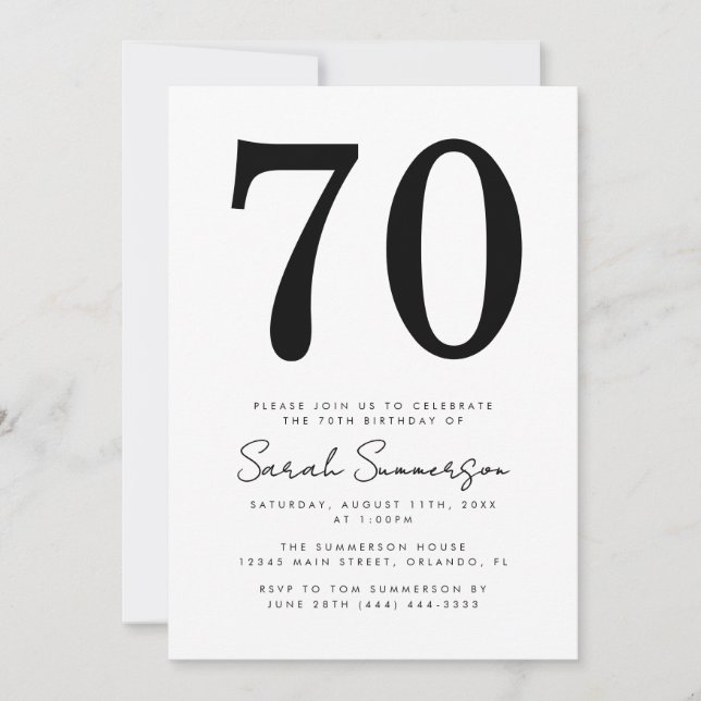 Invitación Modern Script Black White Seventy 70th Birthday (Anverso)