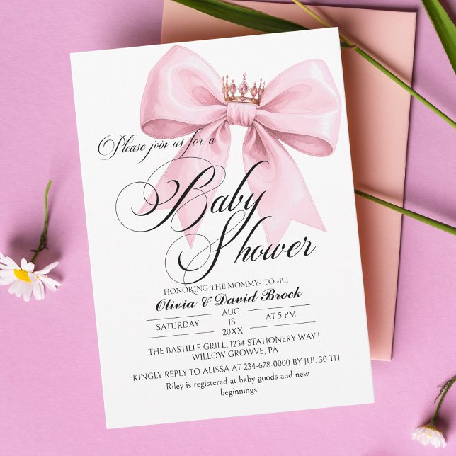 Invitación Modern Script Bow Pink Baby Shower (Subido por el creador)
