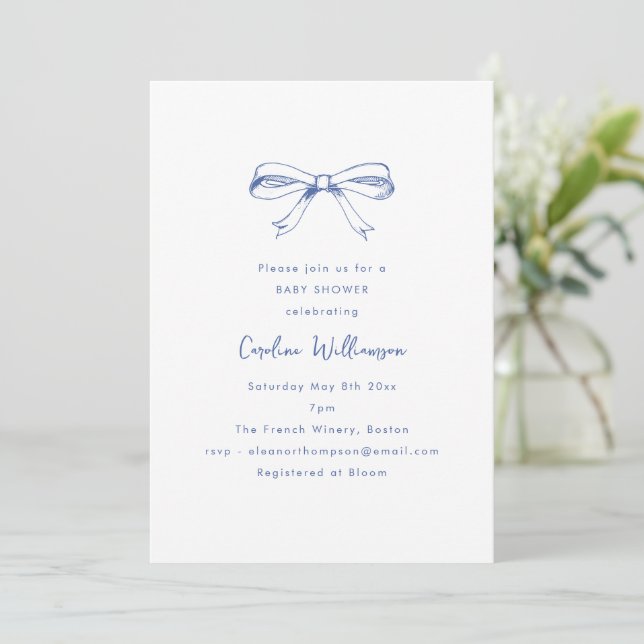 Invitación Modern Script Coquette Bow Blue Baby Shower (Anverso de pie)