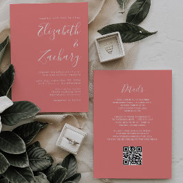 Invitación Modern Script Coral Pink QR Code Wedding