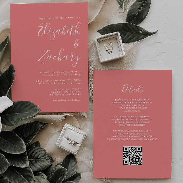 Invitación Modern Script Coral Pink QR Code Wedding (Subido por el creador)