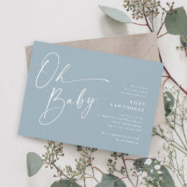 Invitación Modern Script Dusty Blue Boy Oh Baby Shower