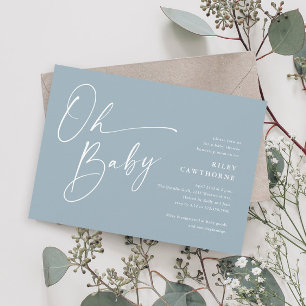Invitación Modern Script Dusty Blue Boy Oh Baby Shower