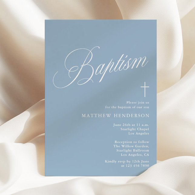 Invitación Modern Script Dusty Blue Boys Baptism (Subido por el creador)