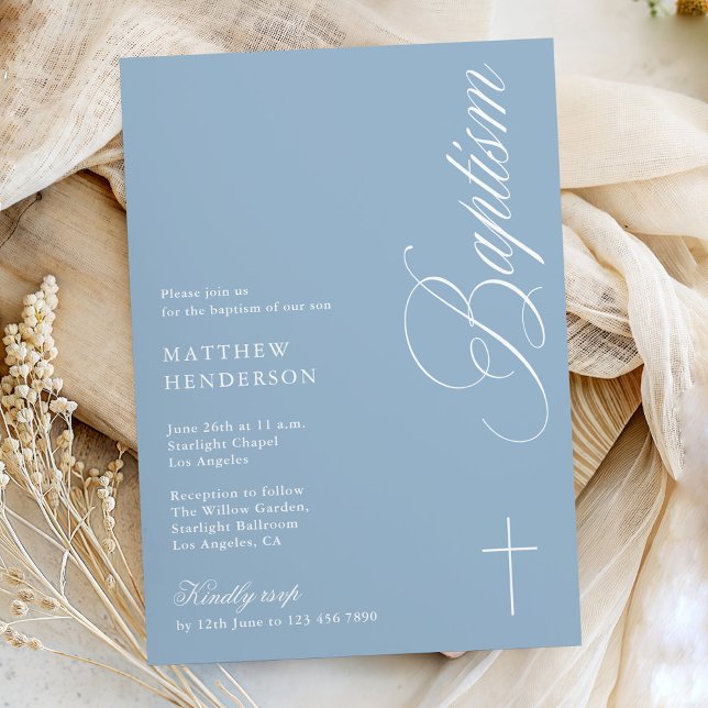 Invitación Modern Script Dusty Blue Boys Baptism Invi (Subido por el creador)