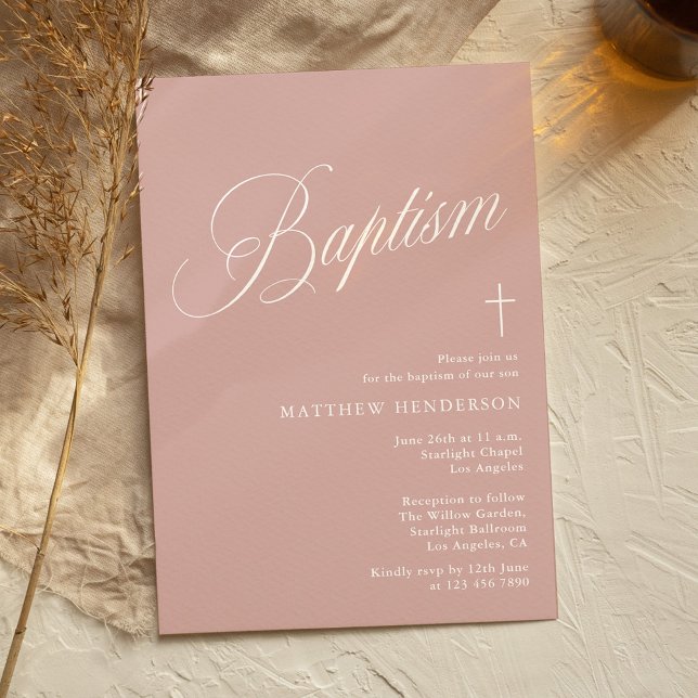 Invitación Modern Script Dusty Pink Girl Baptism (Subido por el creador)