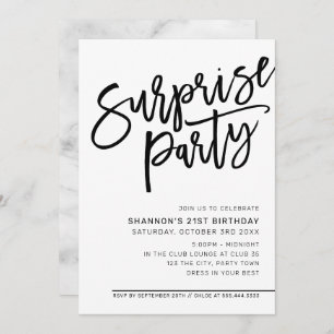 Invitación MODERN SCRIPT fiesta de cumpleaños sorpresa blanco