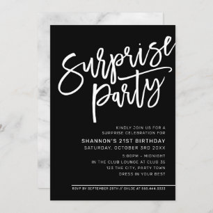 Invitación MODERN SCRIPT fiesta de cumpleaños sorpresa blanco