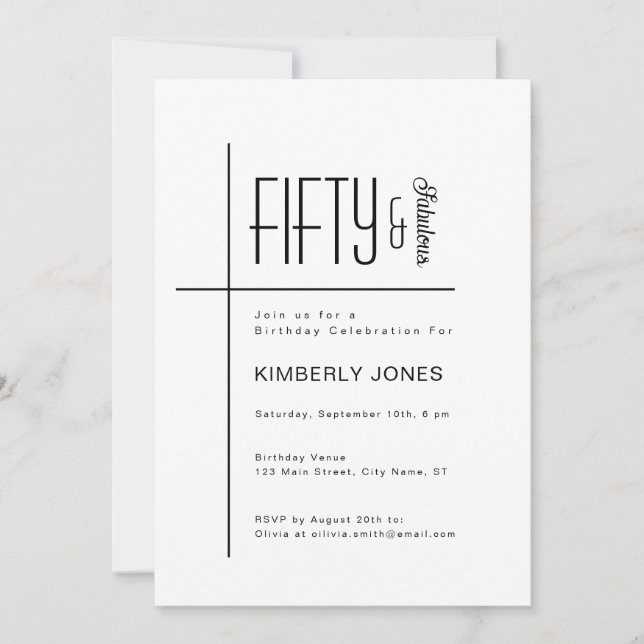 Invitación Modern Script Fifty & Fabulous 50th Birthday Party (Anverso)