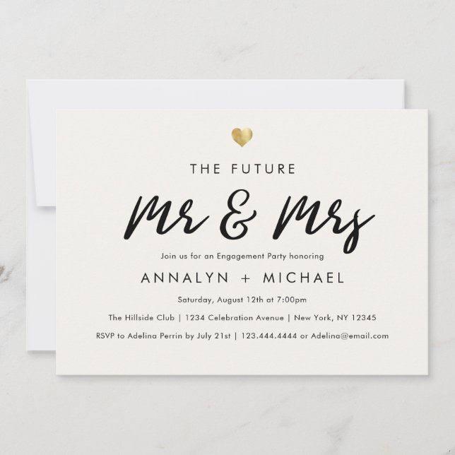 Invitación Modern Script Gold Future Sr. y Mrs Engagement (Anverso)