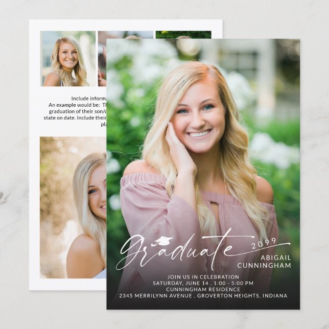 Invitación Modern Script Graduate 5 Photo Graduation (Anverso / Reverso)