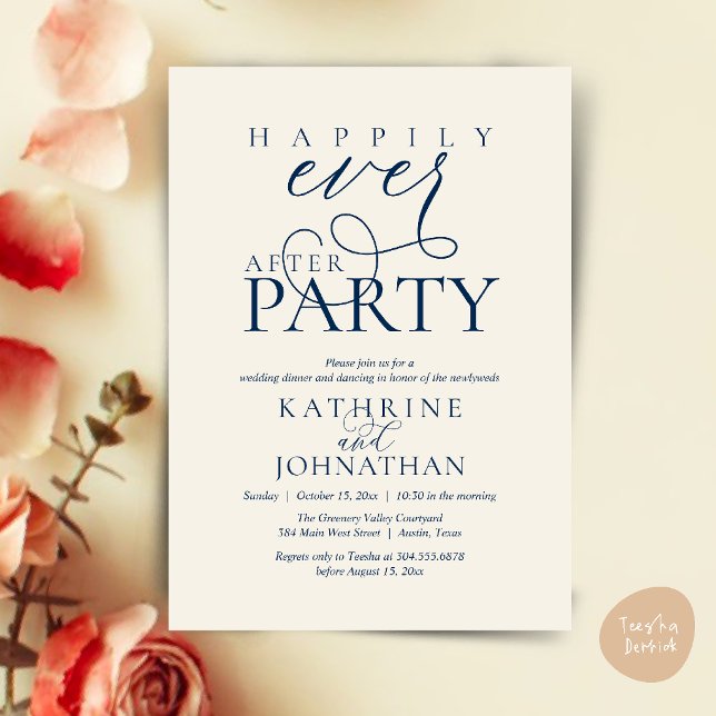 Invitación Modern Script Happily Ever After Party Elopement (Modern Script Happily Ever After Dinner Party Elopement Invitation Card in Navy Blue Ivory)