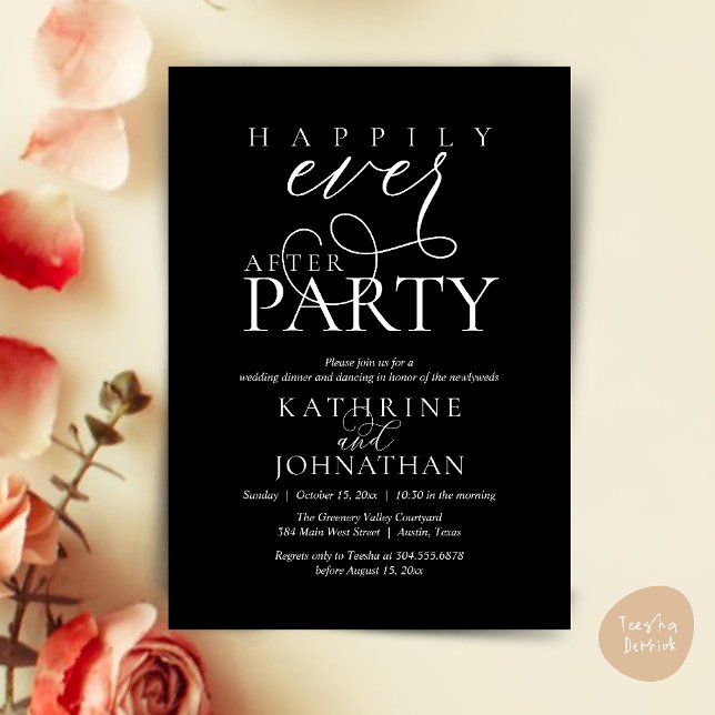 Invitación Modern Script Happily Ever After Party Elopement (Modern Script Happily Ever After Dinner Party Elopement Invitation Card in Black and White)