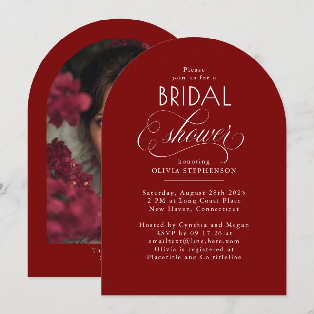 Invitación Modern Script Minimalist Red Bridal Shower Photo (Anverso / Reverso)